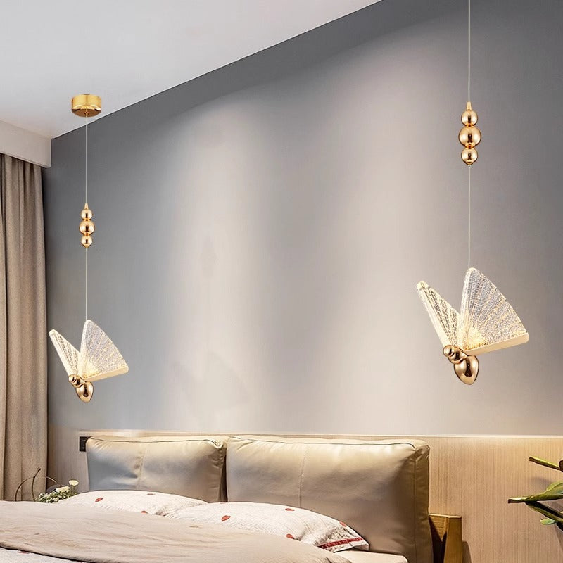 Lámpara colgante LED de mariposas escandinavas contemporáneas de cuentas de aleación de zinc, hierro y acrílico para sala de estar 