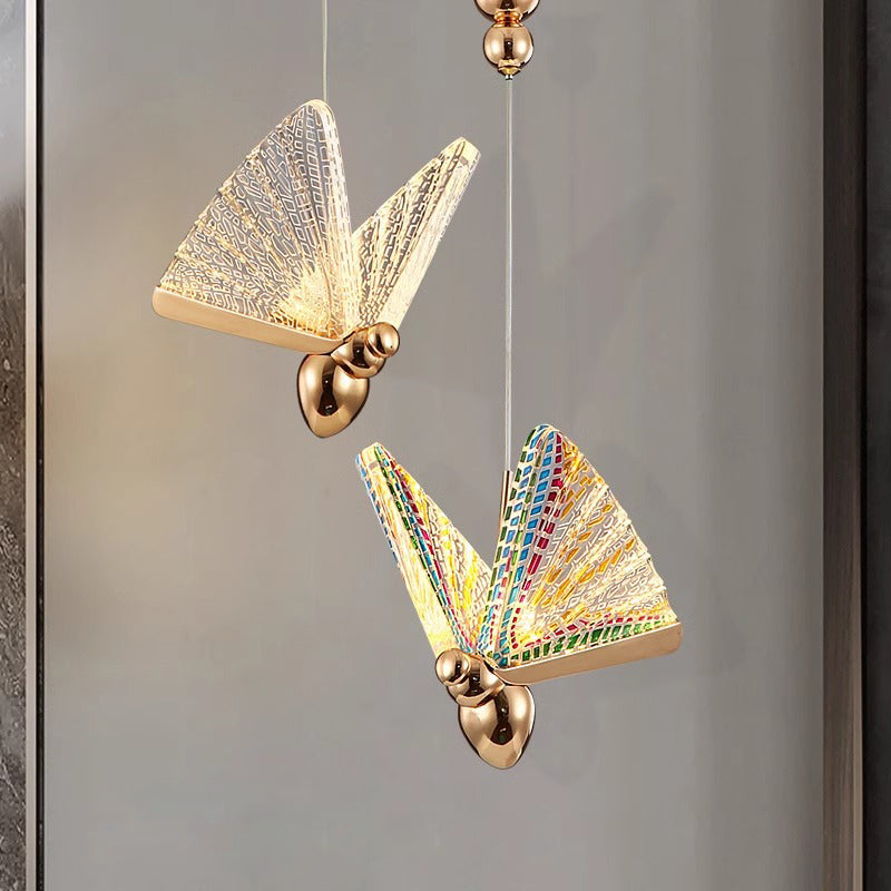 Lámpara colgante LED de mariposas escandinavas contemporáneas de cuentas de aleación de zinc, hierro y acrílico para sala de estar 
