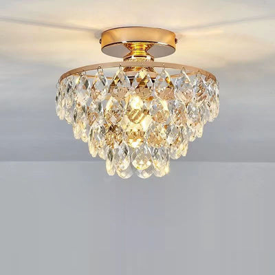 Modern Luxury Round Cone Teardrop Iron Crystal 1-Light Semi-Flush Mount Ceiling Light For Living Room