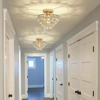 Modern Luxury Round Cone Teardrop Iron Crystal 1-Light Semi-Flush Mount Ceiling Light For Living Room