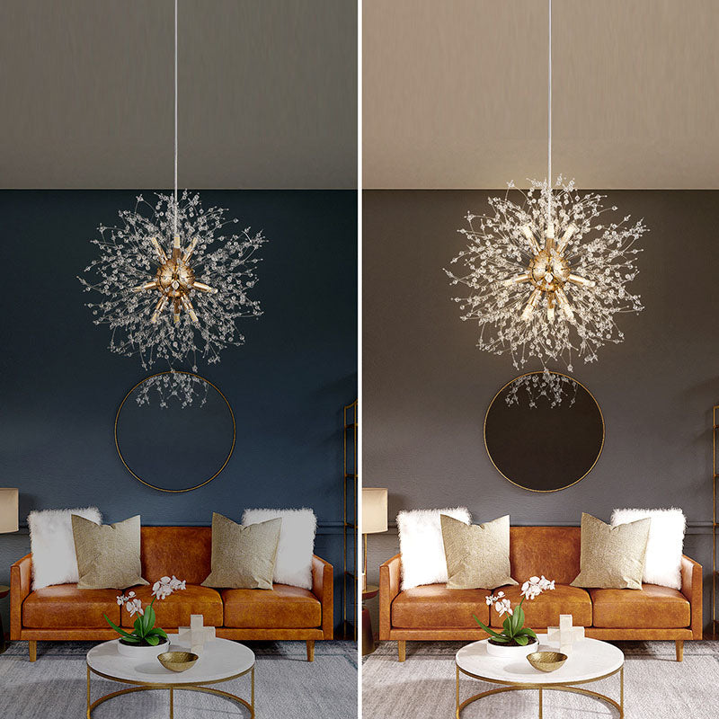 Contemporain Scandinave Sphérique Branche Flocon de Neige Matériel Acier Inoxydable Cristal 9/12 Lustre Pour Salon 