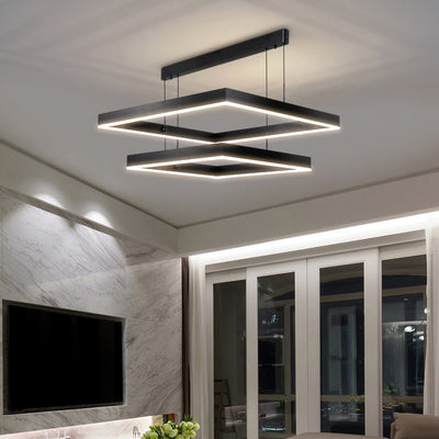 Lámpara colgante LED contemporánea escandinava cuadrada rectangular de doble nivel de hierro, aluminio y acrílico para sala de estar 