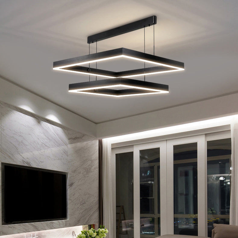 Lámpara colgante LED contemporánea escandinava cuadrada rectangular de doble nivel de hierro, aluminio y acrílico para sala de estar 