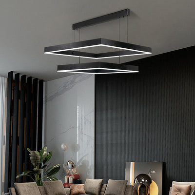Lámpara colgante LED contemporánea escandinava cuadrada rectangular de doble nivel de hierro, aluminio y acrílico para sala de estar 
