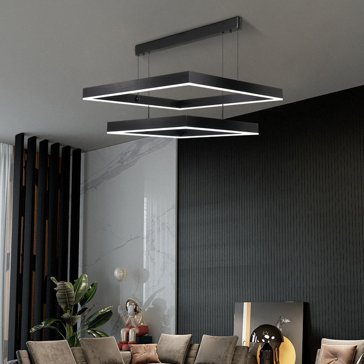 Lámpara colgante LED contemporánea escandinava cuadrada rectangular de doble nivel de hierro, aluminio y acrílico para sala de estar 