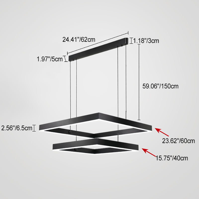 Lámpara colgante LED contemporánea escandinava cuadrada rectangular de doble nivel de hierro, aluminio y acrílico para sala de estar 