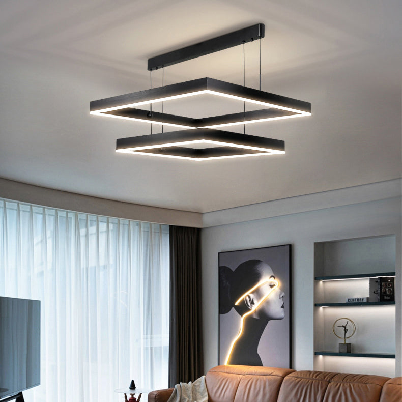 Lámpara colgante LED contemporánea escandinava cuadrada rectangular de doble nivel de hierro, aluminio y acrílico para sala de estar 