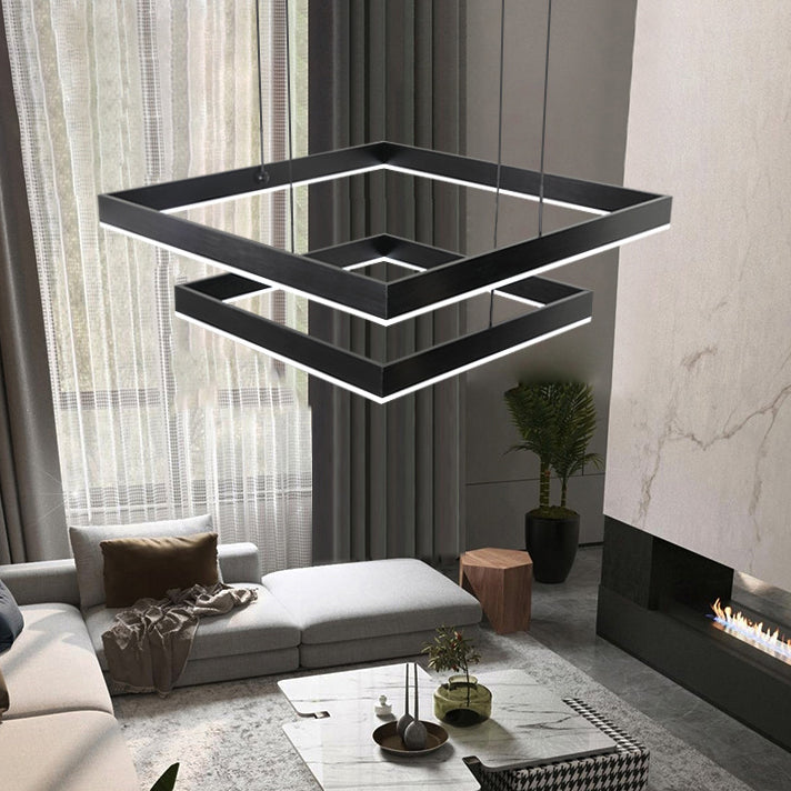 Lámpara colgante LED contemporánea escandinava cuadrada rectangular de doble nivel de hierro, aluminio y acrílico para sala de estar 