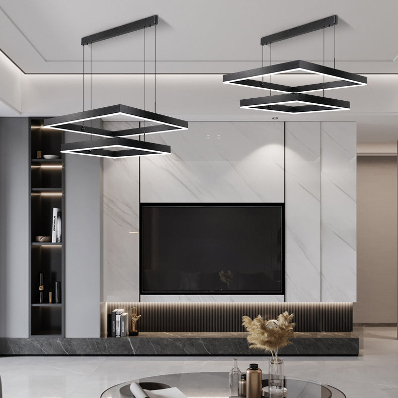 Lámpara colgante LED contemporánea escandinava cuadrada rectangular de doble nivel de hierro, aluminio y acrílico para sala de estar 