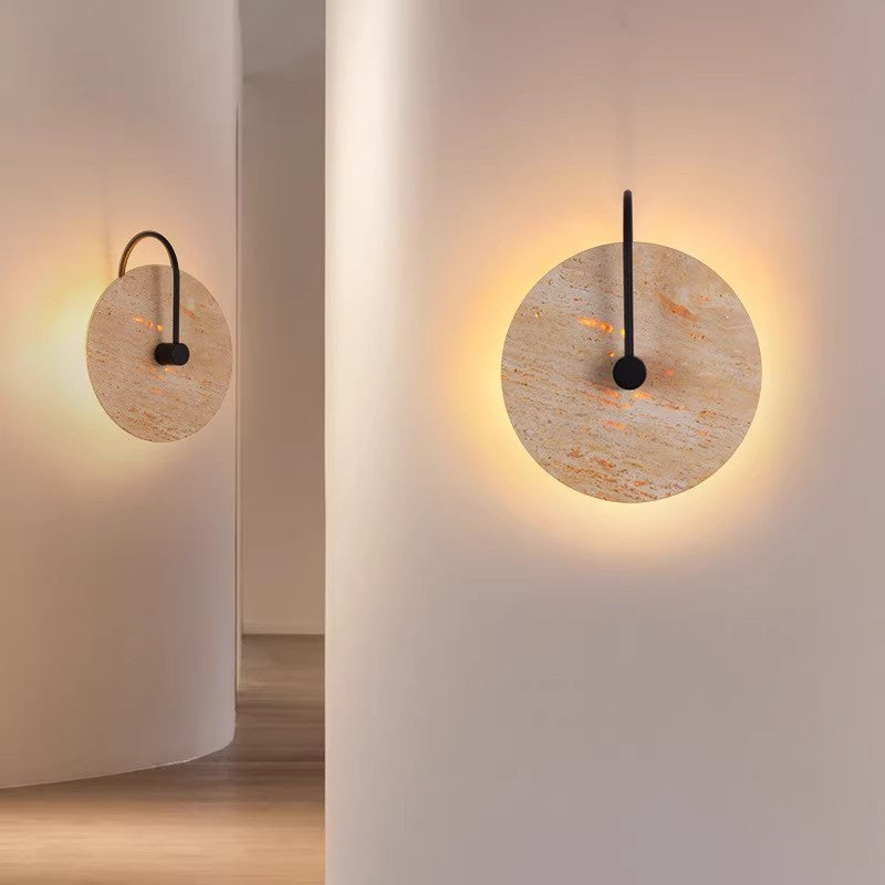 Traditional Vintage Round Curved Yellow Travertine Iron 1-Light Wall Sconce Lamp For Bedroom