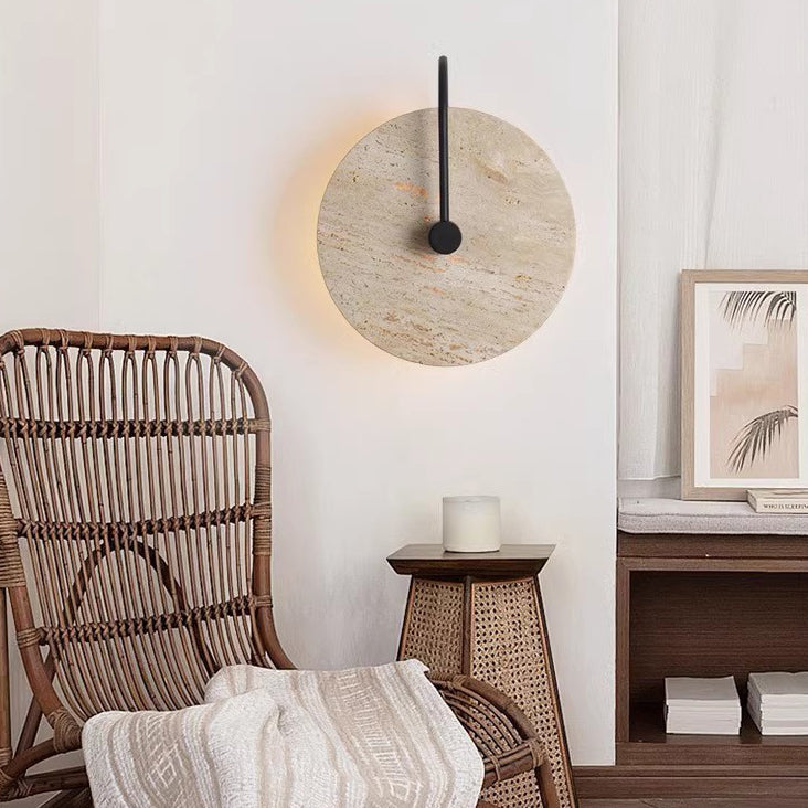 Traditional Vintage Round Curved Yellow Travertine Iron 1-Light Wall Sconce Lamp For Bedroom