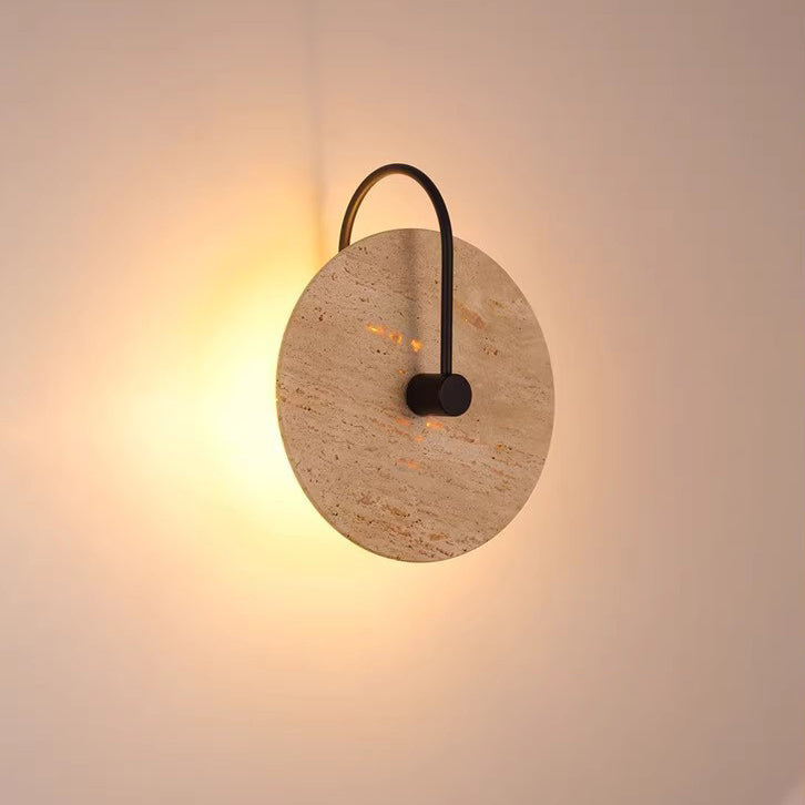 Traditional Vintage Round Curved Yellow Travertine Iron 1-Light Wall Sconce Lamp For Bedroom