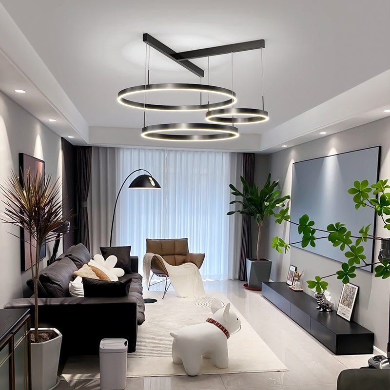 ضوء قلادة LED من الألمنيوم والأكريليك متعدد الطبقات بتصميم مستدير عصري من الدول الاسكندنافية لغرفة المعيشة 