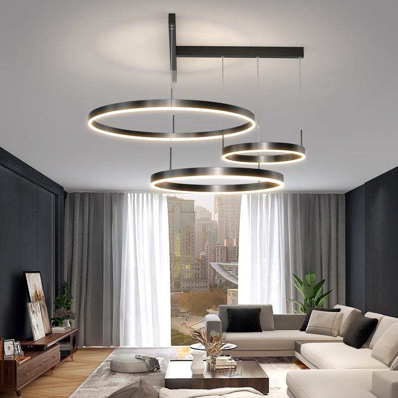 ضوء قلادة LED من الألمنيوم والأكريليك متعدد الطبقات بتصميم مستدير عصري من الدول الاسكندنافية لغرفة المعيشة 