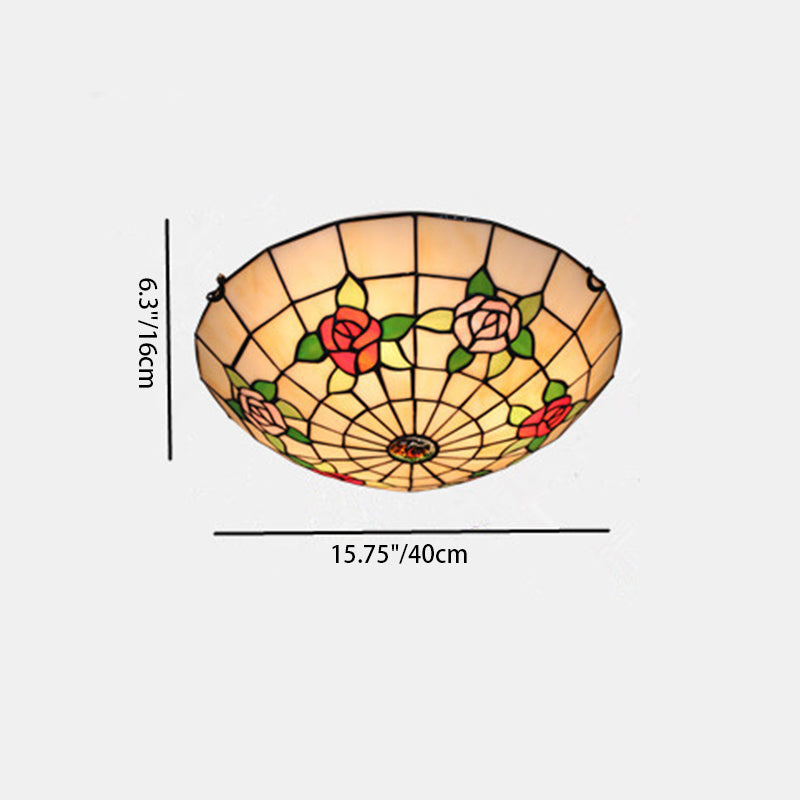 Traditionelle Tiffany-Halbkugel-Rosen-Eisen-Glas-Deckenleuchte mit 3 Lichtern für das Schlafzimmer 