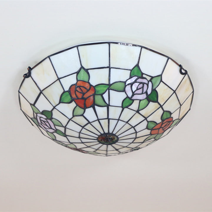 Traditionelle Tiffany-Halbkugel-Rosen-Eisen-Glas-Deckenleuchte mit 3 Lichtern für das Schlafzimmer 