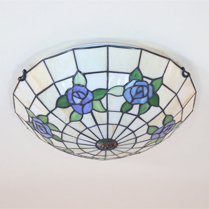 Traditionelle Tiffany-Halbkugel-Rosen-Eisen-Glas-Deckenleuchte mit 3 Lichtern für das Schlafzimmer 