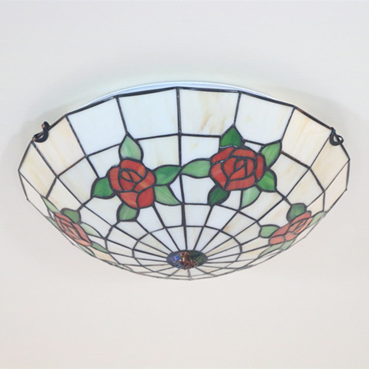 Traditionelle Tiffany-Halbkugel-Rosen-Eisen-Glas-Deckenleuchte mit 3 Lichtern für das Schlafzimmer 