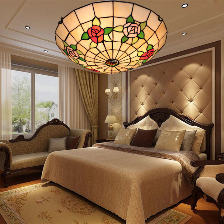 Plafonnier semi-circulaire Tiffany traditionnel en verre de fer avec 3 lumières pour chambre 