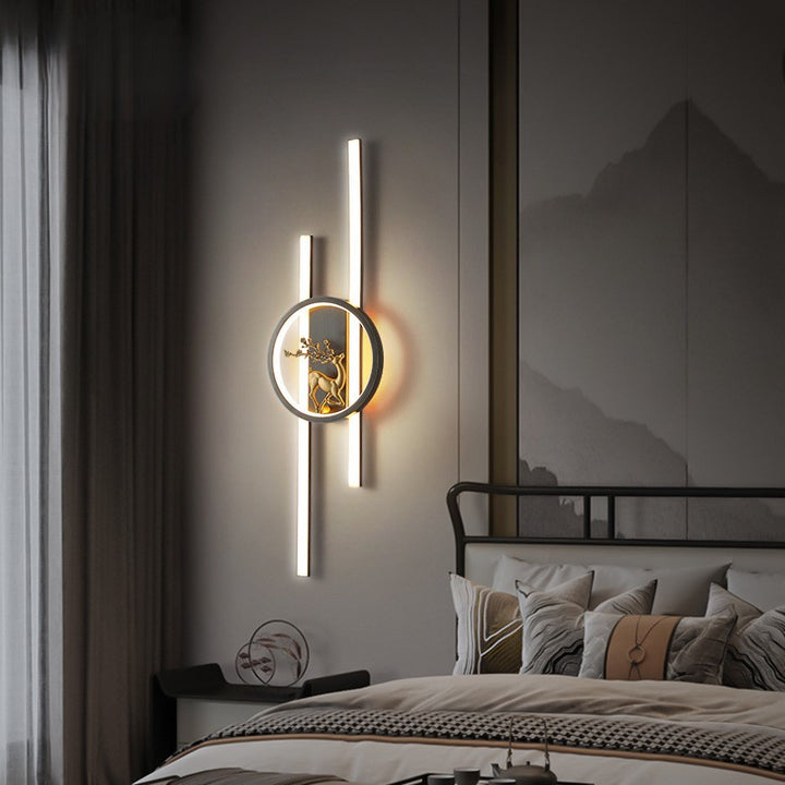 Traditional Chinese Round Strip Plum Deer Full Copper Silicone LED Wall Sconce Lamp For Bedroom