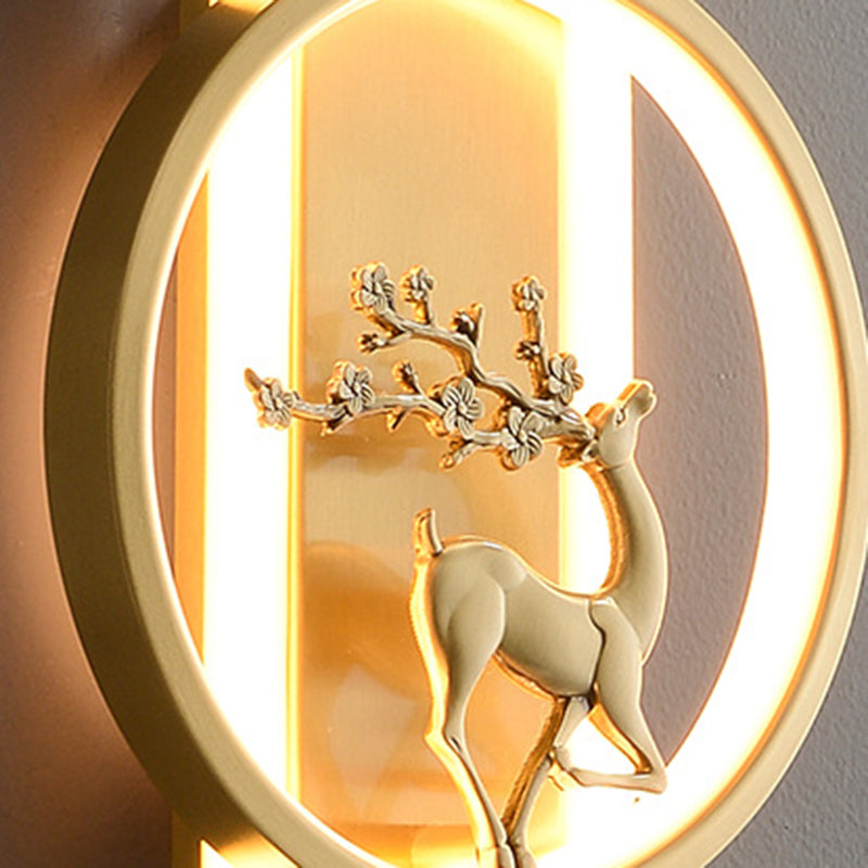 Traditional Chinese Round Strip Plum Deer Full Copper Silicone LED Wall Sconce Lamp For Bedroom