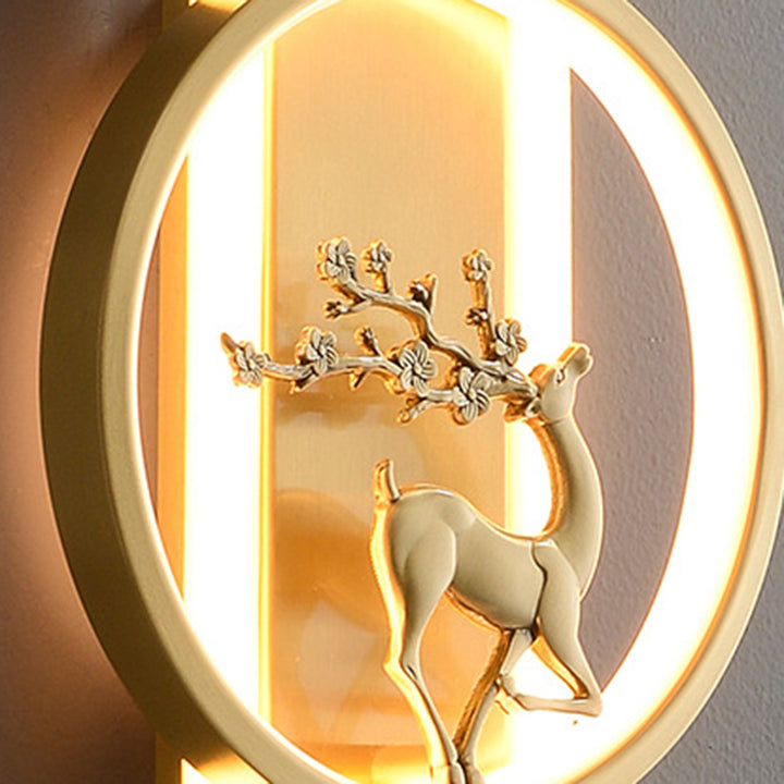 Traditional Chinese Round Strip Plum Deer Full Copper Silicone LED Wall Sconce Lamp For Bedroom