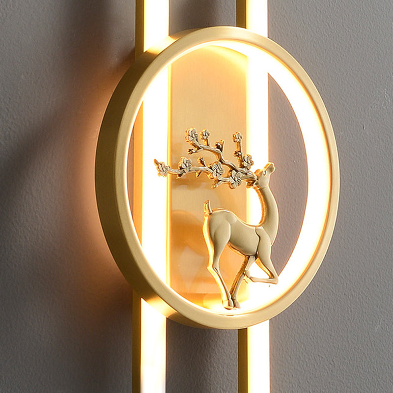 Traditional Chinese Round Strip Plum Deer Full Copper Silicone LED Wall Sconce Lamp For Bedroom