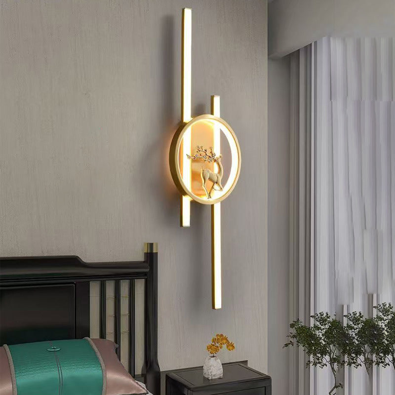 Traditional Chinese Round Strip Plum Deer Full Copper Silicone LED Wall Sconce Lamp For Bedroom