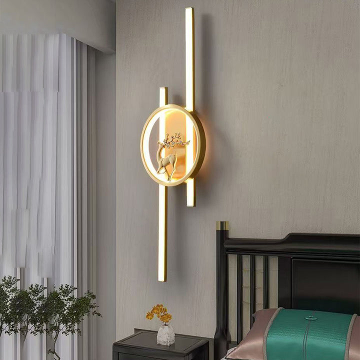 Traditional Chinese Round Strip Plum Deer Full Copper Silicone LED Wall Sconce Lamp For Bedroom