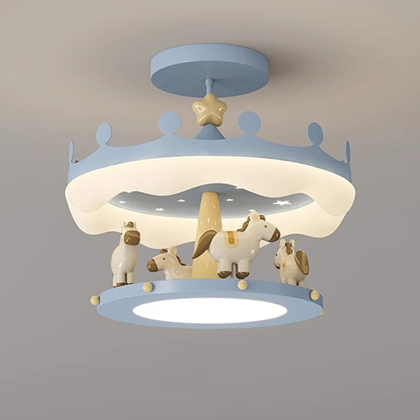 Contemporary Creative Cartoon Kids Round Carousel Iron PE LED Semi-Flush Mount Lighting For Bedroom