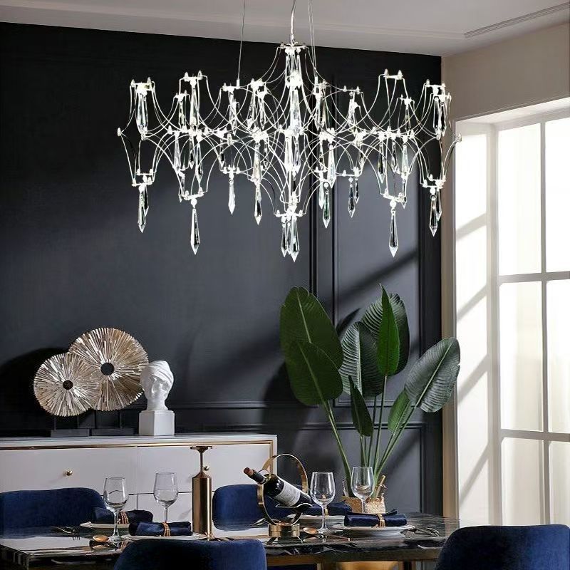 Moderna Lámpara de Araña de Lujo de Malla Ramificada de Acero Inoxidable con Cristales y LED para Sala de Estar 