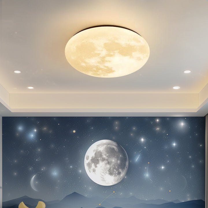 Contemporary Creative Moon Earth Semicircle Solid Wood Iron Acrylic LED Flush Mount Ceiling Light For Bedroom
