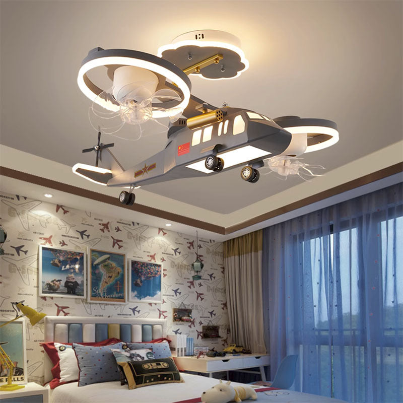 Contemporary Creative Kids Airplane Acrylic LED Flush Mount Ceiling Fan Light For Bedroom