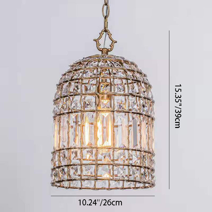 Lámpara colgante tradicional francesa en forma de cilindro medio redondo con jaula de pájaros de hierro y cristal de 1 luz para sala de estar 