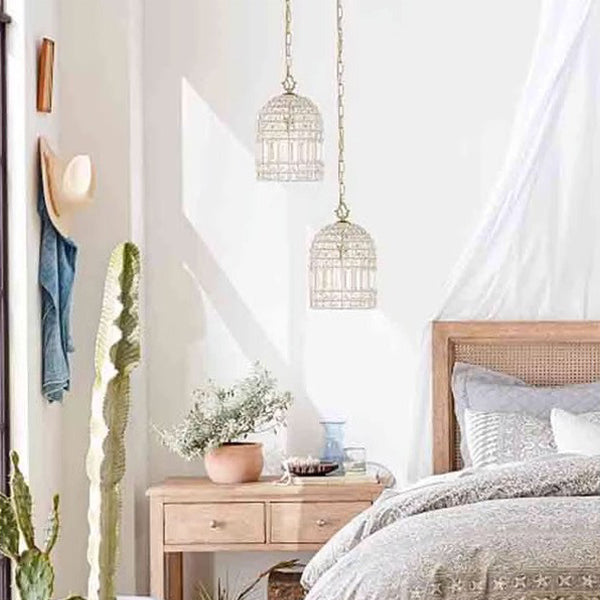 Lámpara colgante tradicional francesa en forma de cilindro medio redondo con jaula de pájaros de hierro y cristal de 1 luz para sala de estar 