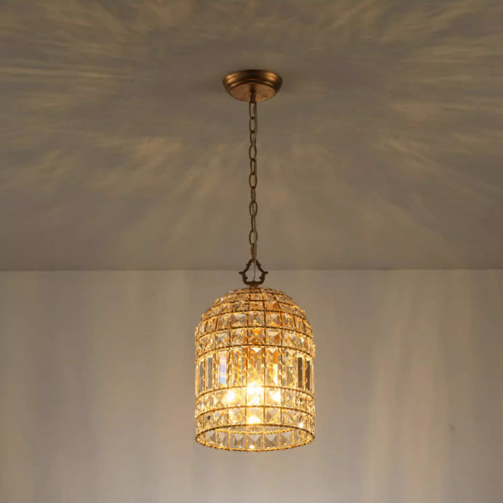 Lámpara colgante tradicional francesa en forma de cilindro medio redondo con jaula de pájaros de hierro y cristal de 1 luz para sala de estar 