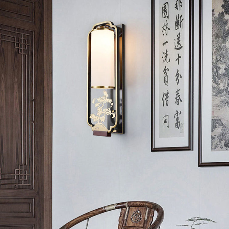 Traditional Chinese Cylinder Rectangle Plum Orchid Bamboo Chrysanthemum Iron Glass 1-Light Wall Sconce Lamp For Living Room