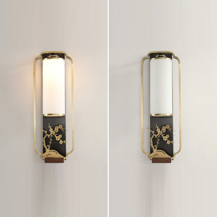 Traditional Chinese Cylinder Rectangle Plum Orchid Bamboo Chrysanthemum Iron Glass 1-Light Wall Sconce Lamp For Living Room