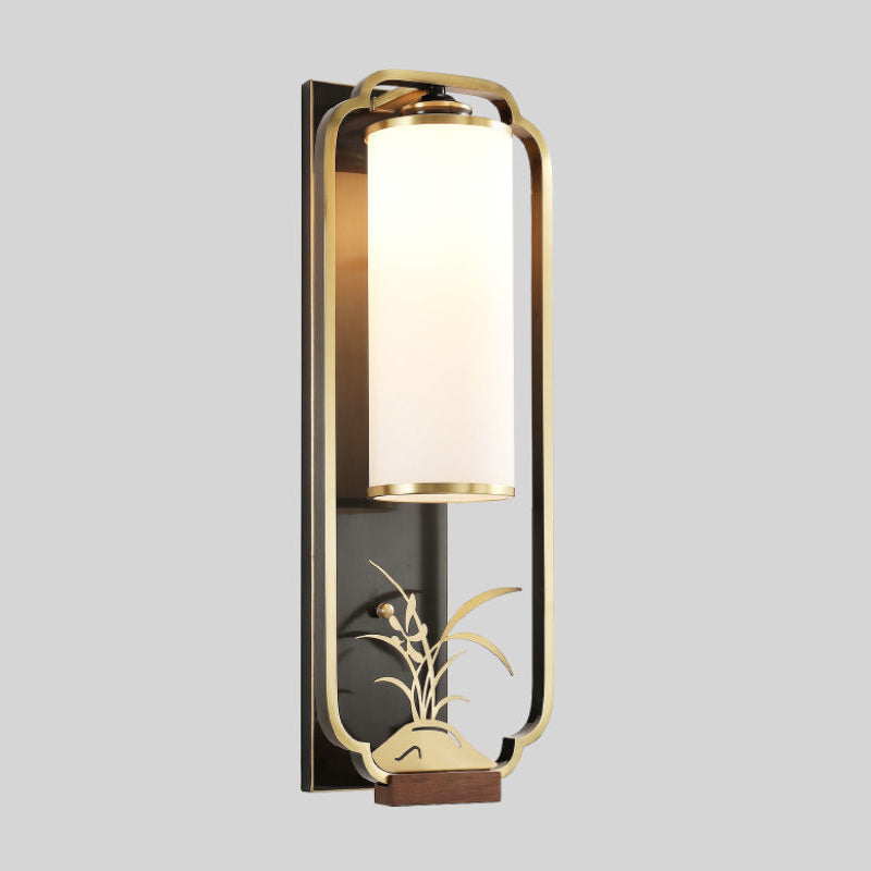 Traditional Chinese Cylinder Rectangle Plum Orchid Bamboo Chrysanthemum Iron Glass 1-Light Wall Sconce Lamp For Living Room