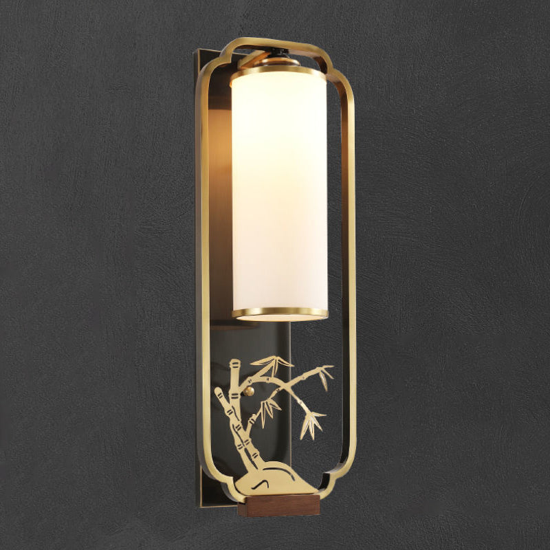 Traditional Chinese Cylinder Rectangle Plum Orchid Bamboo Chrysanthemum Iron Glass 1-Light Wall Sconce Lamp For Living Room