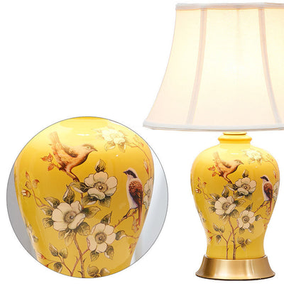 Lampe de table 1 lumière en céramique ovale d'oiseaux chinois traditionnel en métal et tissu pour chambre 