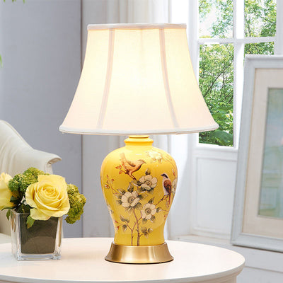 Lampe de table 1 lumière en céramique ovale d'oiseaux chinois traditionnel en métal et tissu pour chambre 