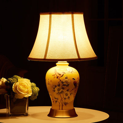 Lampe de table 1 lumière en céramique ovale d'oiseaux chinois traditionnel en métal et tissu pour chambre 