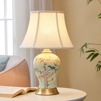 Lampe de table 1 lumière en céramique ovale d'oiseaux chinois traditionnel en métal et tissu pour chambre 