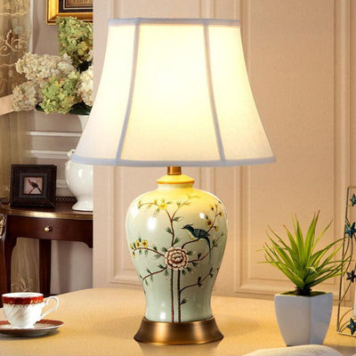Lampe de table 1 lumière en céramique ovale d'oiseaux chinois traditionnel en métal et tissu pour chambre 