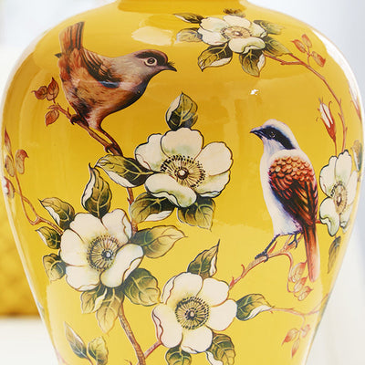 Lampe de table 1 lumière en céramique ovale d'oiseaux chinois traditionnel en métal et tissu pour chambre 