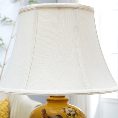 Lampe de table 1 lumière en céramique ovale d'oiseaux chinois traditionnel en métal et tissu pour chambre 