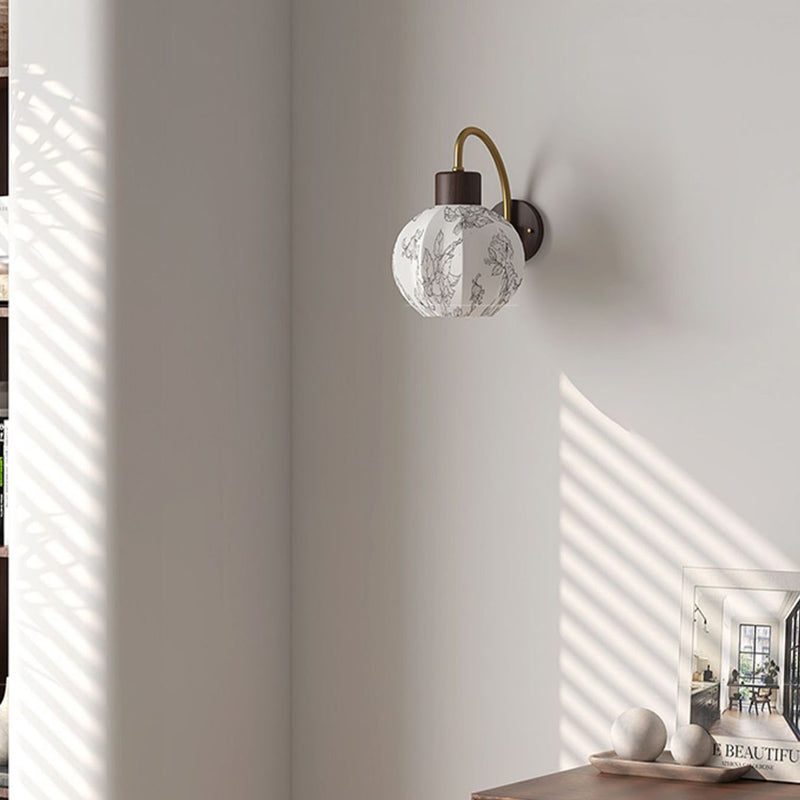 Traditional Vintage Spherical Cylinder Flower Pattern Iron Wooden Fabric 1-Light Wall Sconce Lamp For Bedroom