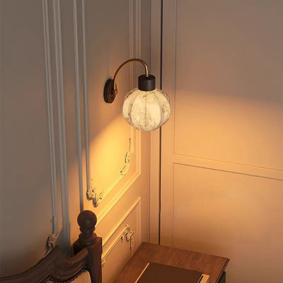 Traditional Vintage Spherical Cylinder Flower Pattern Iron Wooden Fabric 1-Light Wall Sconce Lamp For Bedroom