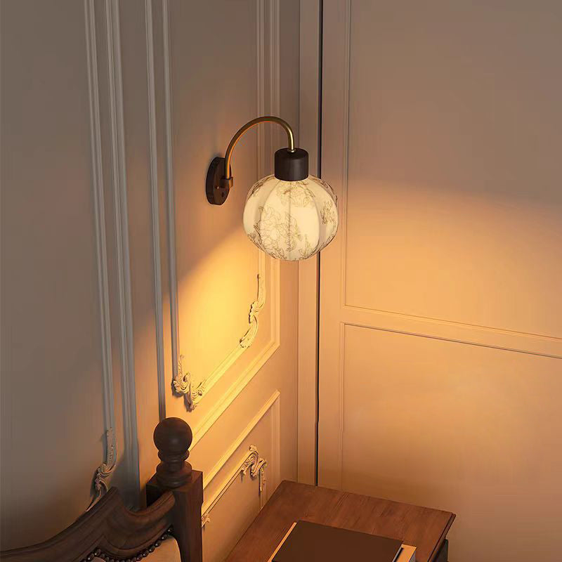 Traditional Vintage Spherical Cylinder Flower Pattern Iron Wooden Fabric 1-Light Wall Sconce Lamp For Bedroom